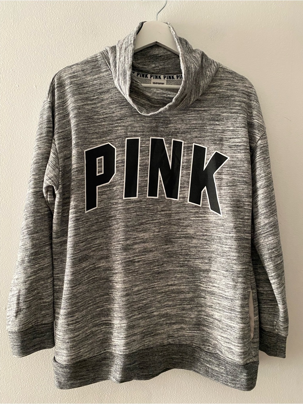 PINK Victoria's Secret Gray Marled Cowl Neck Sweatshirt with Black Logo